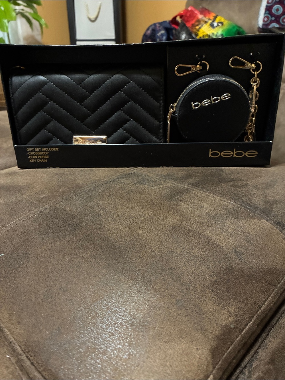 Bebe Black Quilted Wallet and Coin Purse Key Set with Gold Accents